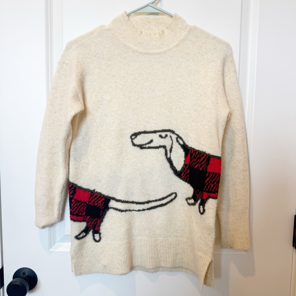 Loft Womens Dachshund Wrap Around Sweater XS Petite Mock Neck Dog Preppy Cozy